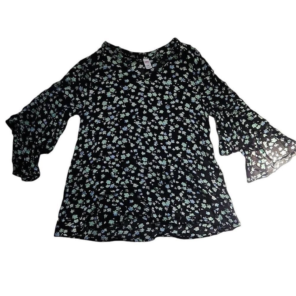 Justice Girls Size 18 Black Blue Floral Ruffle Sleeve Blouse